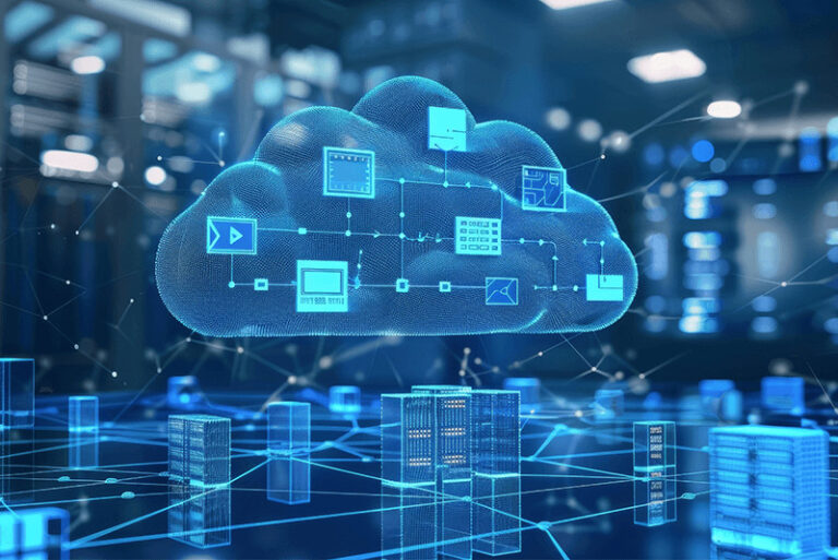 digital cloud with connected digital files inside it and floating above server racks