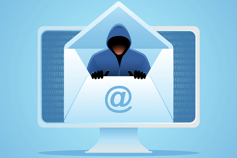 hooded figure coming out of a mail envelope on a computer