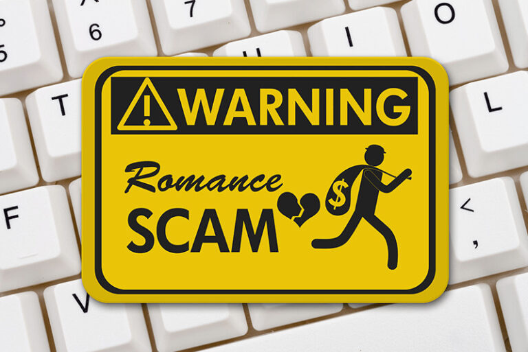 warning romance scam sign with broken heart and thief running away with a bag of money