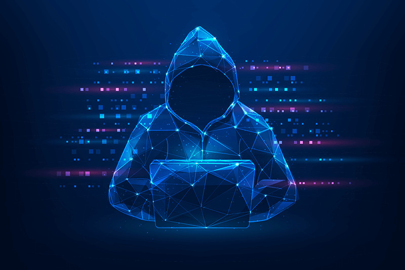 abstract illustration of hooded hacker sitting at a computer