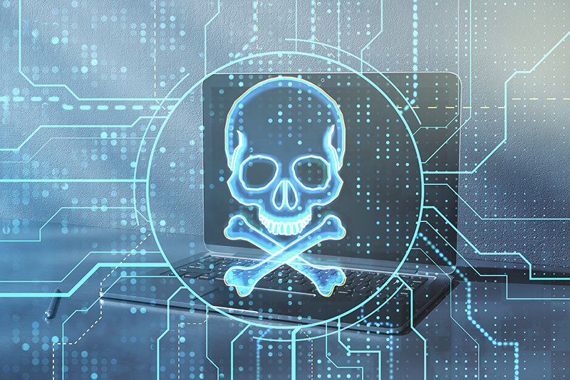 skull and crossbones surrounded by digital graphics on top of a laptop