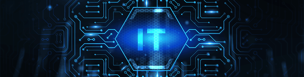 IT in a hexagon surrounded by computer wiring graphics