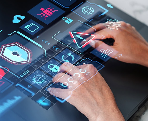 Hands Typing Cybersecurity Warning Icons