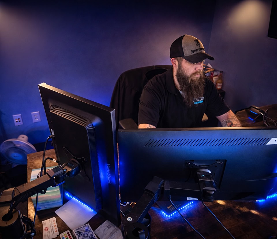 Cybersecurity Analyst Dual Monitor Workstation Dark Office