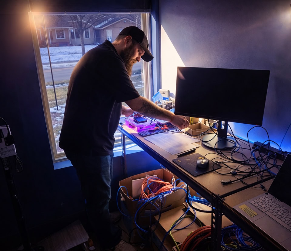 It Technician Setting Up Workstation Network Cables Office