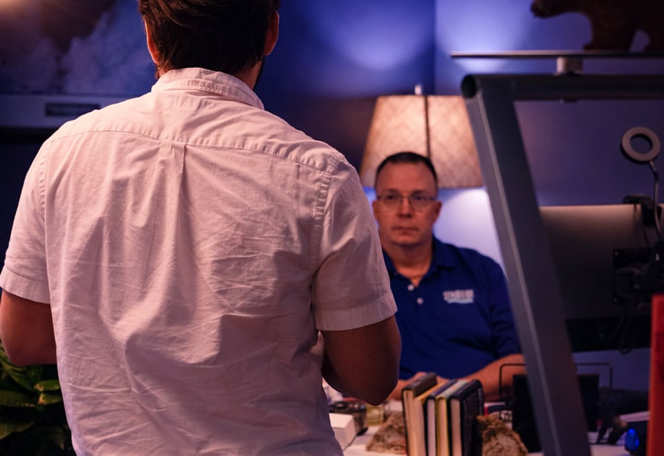 Office Meeting Discussion Two Men Workspace Business Conversation